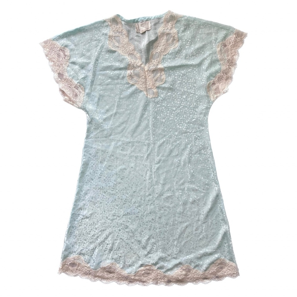 Vintage Nordstrom satin nightgown blue cream lace medium floral lingerie pajamas